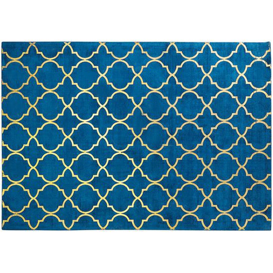 Teppich Marineblau Viskose 160x230 cm Marokkanisches Muster in Gold Kurzflor Rechteckig Baumwoll-Unterseite Glamour Look