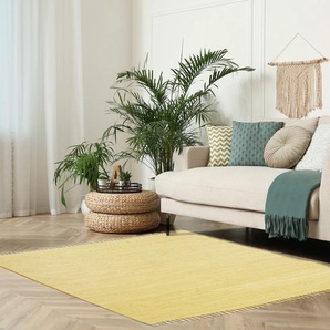 Teppich MY HOME Cadis Teppiche Gr. B/L: 160 cm x 230 cm, 5 mm, 1 St., gelb Fransenteppich Baumwollteppiche Wendeteppich mit Fransen, Uni Farben, handgewebt, reine Baumwolle