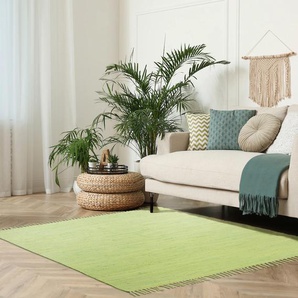 Teppich MY HOME Cadis Teppiche Gr. B/L: 160 cm x 230 cm, 5 mm, 1 St., grün Fransenteppich Baumwollteppiche Wendeteppich mit Fransen, Uni Farben, handgewebt, reine Baumwolle