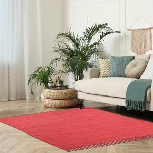 Teppich MY HOME Cadis Teppiche Gr. B/L: 160 cm x 230 cm, 5 mm, 1 St., rot Fransenteppich Baumwollteppiche Wendeteppich mit Fransen, Uni Farben, handgewebt, reine Baumwolle