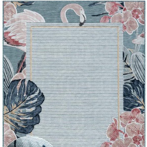 Teppich MYFLAIR MÖBEL & ACCESSOIRES Cloud Teppiche Gr. B/L: 160 cm x 230 cm, 8 mm, 1 St., bunt (blau,multi) Esszimmerteppiche Flamingo Motiv, mit Bordüre, Outdoor geeignet, Balkon, Terrasse
