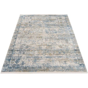 Teppich OCI DIE TEPPICHMARKE Tradi Teppiche Gr. B/L: 120 cm x 180 cm, 8 mm, 1 St., blau (blau, grau) Fransenteppich Orientalische Muster Glanz Viskose, mit Fransen, Wohnzimmer