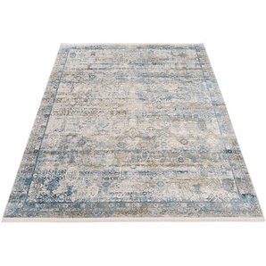 Teppich OCI DIE TEPPICHMARKE Tradi Teppiche Gr. B/L: 67 cm x 130 cm, 8 mm, 1 St., blau (blau, grau) Fransenteppich Orientalische Muster Glanz Viskose, mit Fransen, Wohnzimmer