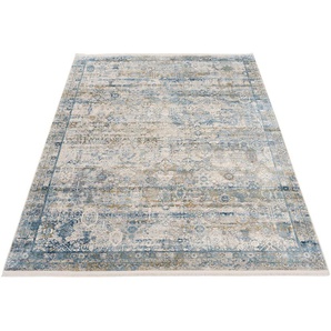 Teppich OCI DIE TEPPICHMARKE Tradi Teppiche Gr. B/L: 80 cm x 150 cm, 8 mm, 1 St., blau (blau, grau) Orientalische Muster Glanz Viskose, mit Fransen, Wohnzimmer