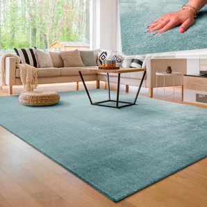 Teppich PACO HOME Cadiz 630, blau (türkis), B:240cm H:14mm L:340cm, Polyester, Teppiche, Uni-Farben, besonders weich, waschbar, auch als Läufer erhältlich