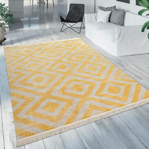 Teppich PACO HOME Poco 821 Teppiche Gr. B/L: 240 cm x 340 cm, 6 mm, 1 St., gelb (gelb, weiß) Fransenteppich Esszimmerteppiche Kurzflor, Rauten Design, mit Fransen, In- und Outdoor geeignet