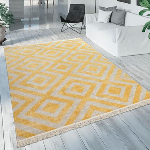 Teppich PACO HOME Poco 821 Teppiche Gr. B/L: 240 cm x 340 cm, 6 mm, 1 St., gelb (gelb, weiß) Esszimmerteppiche Kurzflor, Rauten Design, mit Fransen, In- und Outdoor geeignet
