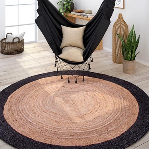 Teppich PACO HOME Viborg 594 Teppiche Gr. Ø 160 cm, 13 mm, 1 St., schwarz Juteteppiche Jute, Modern, Boho, Ethno, Handgefertigter Natur-Teppich