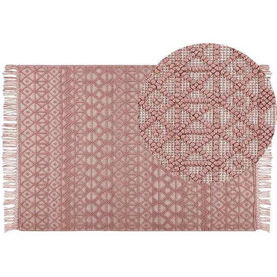 Teppich Rosa aus Wolle 160 x 230 cm Rechteckig mit Fransen im Boho Stil Geometrisches Muster Dekoration für Wohnzimmer Schlafzimmer Flur
