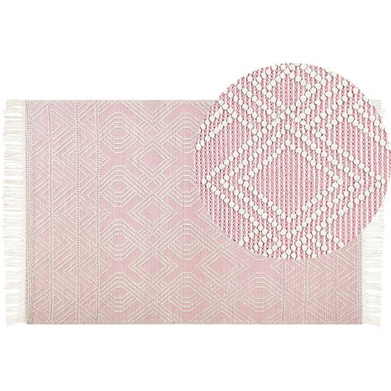Teppich Rosa u. Weiß aus Wolle 200 x 300 cm Rechteckig mit Fransen im Boho Stil Geometrisches Muster für Wohnzimmer Schlafzimmer Kinderzimmer