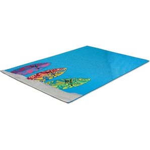 Teppich SANSIBAR Rantum Beach SA-018 Teppiche Gr. B/L: 160 cm x 230 cm, 5 mm, 1 St., blau Esszimmerteppiche Flachgewebe, modernes Design, Motiv Surfbretter, Outdoor geeignet