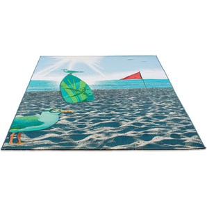 Teppich SANSIBAR Rantum Beach SA-021 Teppiche Gr. B/L: 160 cm x 230 cm, 5 mm, 1 St., bunt Esszimmerteppiche Flachgewebe, modernes Design, Strand & Surfbrett, Outdoor geeignet