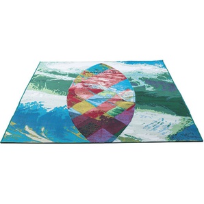 Teppich SANSIBAR Rantum Beach SA-024 Teppiche Gr. B/L: 160 cm x 230 cm, 5 mm, 1 St., bunt (multicolor) Esszimmerteppiche Flachgewebe, modernes Design, Motiv Surfbrett, In- & Outdoor geeignet