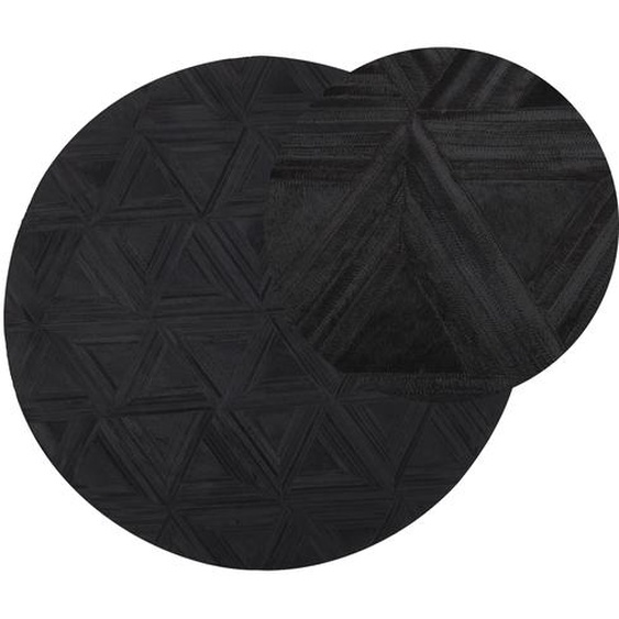 Teppich Schwarz ⌀ 140 cm aus Leder Kurzflor mit dreieckigem Muster Handgefertigt Rund für Wohnzimmer,- Flur,- Schlafzimmer Modernes Design