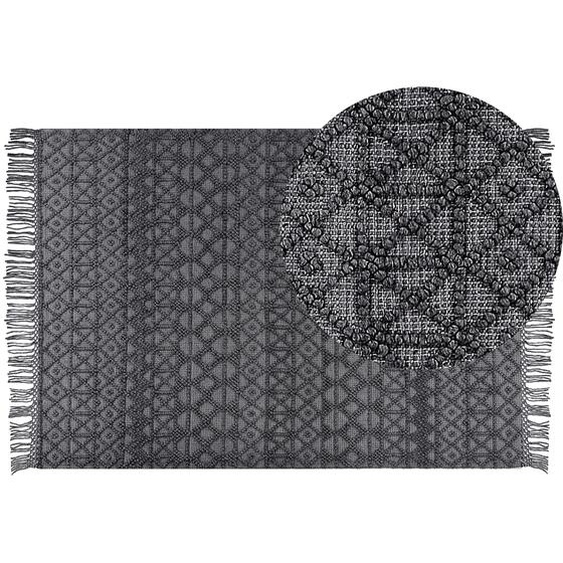 Teppich Schwarz aus Wolle 160 x 230 cm Rechteckig mit Fransen im Boho Stil Geometrisches Muster Dekoration für Wohnzimmer Schlafzimmer Flur