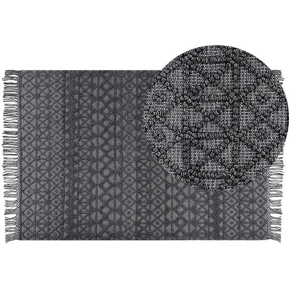 Teppich Schwarz aus Wolle 200 x 300 cm Rechteckig mit Fransen im Boho Stil Geometrisches Muster Dekoration für Wohnzimmer Schlafzimmer Flur
