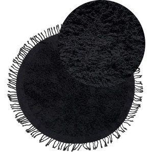 Teppich Schwarz Baumwolle Rund ⌀ 140 cm mit Fransen Getuftet Modern Boho Langhaar Hochflor Shaggy Bettvorleger Läufer für Fußbodenheizung