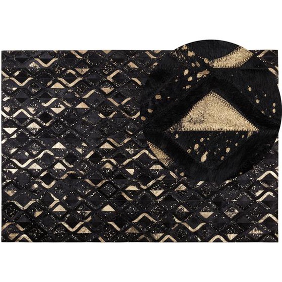 Teppich Schwarz Gold Echtleder 160 x 230 cm Kurzflor Elegant Handgefertigt Rechteckig