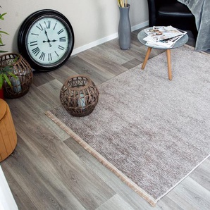 Teppich SEHRAZAT Stela Teppiche Gr. B/L: 160 cm x 230 cm, 5 mm, 1 St., beige (dunkelbeige) Esszimmerteppiche waschbar, Flachgewebe, mit Fransen und Chenille