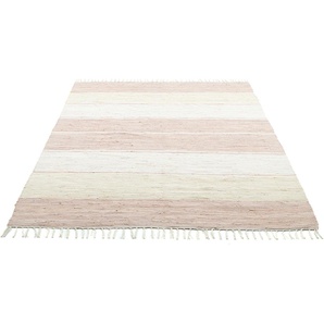 Teppich THEKO Stripe Cotton Teppiche Gr. B/L: 160 cm x 230 cm, 5 mm, 1 St., beige Baumwollteppiche Flachgewebe, gestreift, reine Baumwolle, handgewebt, mit Fransen