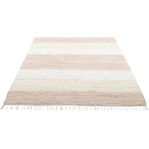 Teppich THEKO Stripe Cotton Teppiche Gr. B/L: 160 cm x 230 cm, 5 mm, 1 St., beige Fransenteppich Baumwollteppiche Flachgewebe, gestreift, reine Baumwolle, handgewebt, mit Fransen