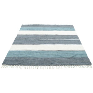 Teppich THEKO Stripe Cotton Teppiche Gr. B/L: 160 cm x 230 cm, 5 mm, 1 St., blau (graublau) Baumwollteppiche Flachgewebe, gestreift, reine Baumwolle, handgewebt, mit Fransen
