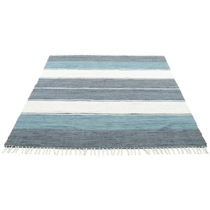 Teppich THEKO Stripe Cotton Teppiche Gr. B/L: 160 cm x 230 cm, 5 mm, 1 St., blau (graublau) Baumwollteppiche
