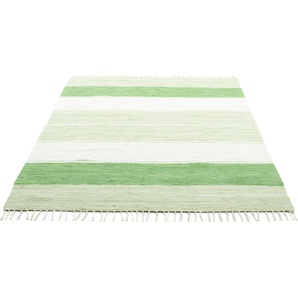 Teppich THEKO Stripe Cotton Teppiche Gr. B/L: 160 cm x 230 cm, 5 mm, 1 St., grün Fransenteppich Baumwollteppiche Flachgewebe, gestreift, reine Baumwolle, handgewebt, mit Fransen