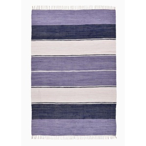 Teppich THEKO Stripe Cotton Teppiche Gr. B/L: 160 cm x 230 cm, 5 mm, 1 St., lila Fransenteppich Baumwollteppiche Flachgewebe, gestreift, reine Baumwolle, handgewebt, mit Fransen