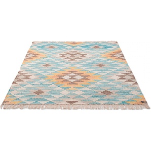 Teppich TOM TAILOR HOME Check Kelim Teppiche Gr. B/L: 65 cm x 135 cm, 5 mm, 1 St., bunt (türkis, pastel) Schurwollteppiche