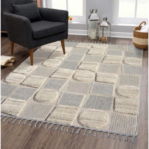 Teppich VALENCIA 950, Carpet City, rechteckig, Höhe: 20 mm, Boho-Stil, Hochtief-Muster/ 3D-Effekt, mit Fransen