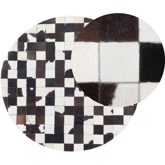 Teppich Weiß Schwarz Echtleder 140 x 140 cm Patchwork Handgefertigt Rund