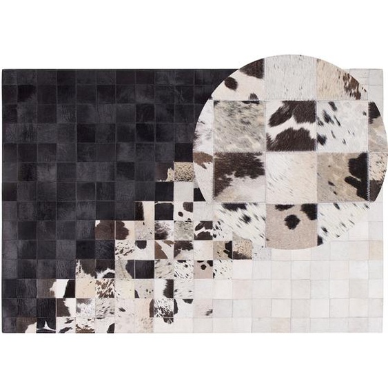 Teppich Weiß Schwarz Echtleder 160 x 230 cm Kurzflor Quadrate Handgefertigt Rechteckig