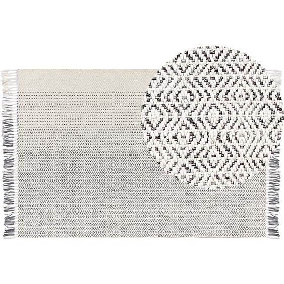 Teppich Weiß und Grau aus Wolle und Baumwolle 160 x 230 cm handgewebtes, mit Fransen
