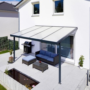 Terrassendach GUTTA Premium Terrassenüberdachungen Gr. B/H/T: 410,2 cm x 300 cm x 306 cm, einbrennlackiert, grau (anthrazit) Überdachungen BxT: 410x306 cm, Dach Acryl Klima blue