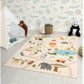 The Carpet - Happy Life Kinderzimmer, Kinderteppich, Spielteppich, waschbar, Beige, 080 x 150 cm