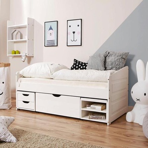 Daybett TICAA Micki mini Daybetten Gr. Kiefer, Liegefläche B/L: 80 cm x 160 cm Höhe: 70 cm, kein Härtegrad, Schaumstoffmatratze, weiß Tagesbetten Daybetten mit 3 Schubkästen
