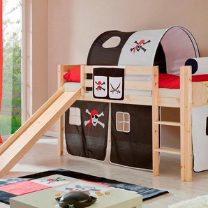 Ticaa Hochbett Manuel Rollrost und Textil-Set wahlweise mit Matratze, Kiefer massiv natur