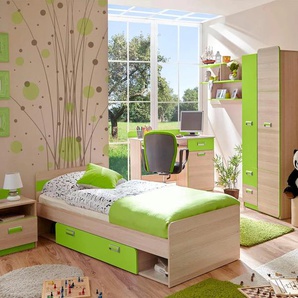 Jugendzimmer-Set TICAA Lori Schlafzimmermöbel-Sets Gr. B/H: 80 cm x 190 cm, grün (eschefarben, grün) Baby Komplett-Kinderzimmer Bett + Schrank Schreibtisch Standregal Wandregal Nachttisch