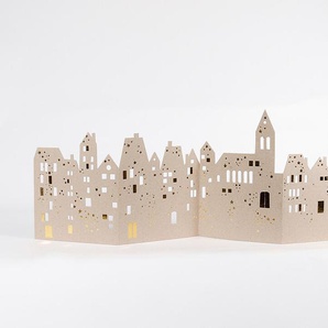 Tischaufsteller Winter Silhouette Dorf Good old friends Graupappe goldfarben bedruckt, Designer Sarah Baumann, 29.5x84x0.2 cm