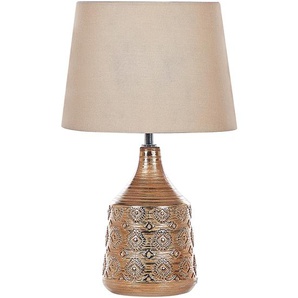 Tischlampe Goldbraun Keramik 47 cm Stoffschirm Kegelform Jute u. Baumwolle langes Kabel mit Schalter handgefertigt Retro Schlaf- u. Wohnzimmer