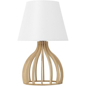 Tischlampe Weiß Holz 36 cm Stoffschirm Lampenfuß in Gitteroptik Kabel mit Schalter Landhausstil