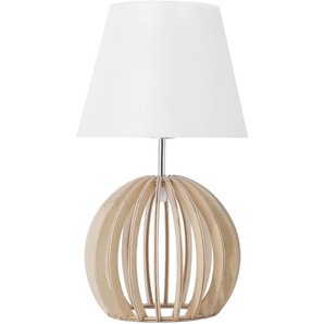 Tischlampe Weiß Holz 41 cm Stoffschirm Lampenfuß in Gitteroptik Kabel mit Schalter Landhausstil
