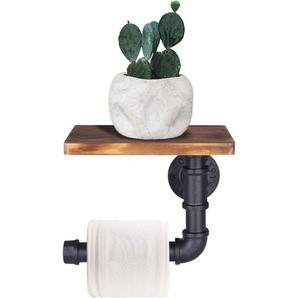 Memkey - Toilettenpapierhalter, dekoratives Wandregal – Industrie-Stil – Stahlrohr – mit Holzregal für Badezimmer-Dekor