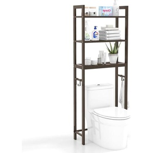 Toilettenregal 170cm, wc Regal mit 3 ablagen, Regal für Waschmaschine Metall, inkl. 3 Haken, mit höhenverstellbarer Querstange Braun - Costway