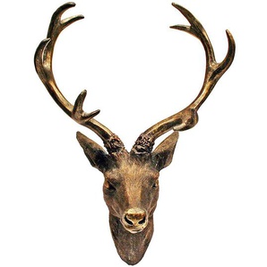 Tolles Hirschgeweih Hirschkopf Geweih 10-Ender Bronze Optik 14x16x30cm Figur Skulptur Wohndekoration