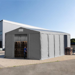 TOOLPORT 8x12 m Lagerzelt, PVC-Plane, grau, mit Bodenrahmen, mit Statik (Erduntergrund)