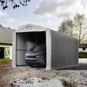 TOOLPORT Zeltgarage 4x8 m, mit 3,5x3,5 m Tor, PVC 850 grau | mit Statik (Betonuntergrund)