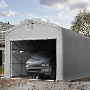 TOOLPORT Zeltgarage 5x10 m, mit 4,1x2,5 m Tor, PVC 850 grau | mit Statik (Erduntergrund)