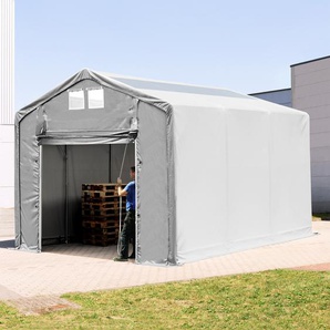 TOOLPORT 4x6 m Zelthalle - 3,0 m Seitenhöhe mit Hochziehtor und Oberlichtern, PVC 850 grau | ohne Statik